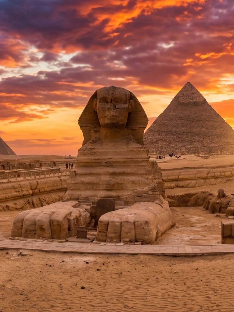 The Great Sphinx and the Pyramid of Khafre on the Giza plateau, Egypt