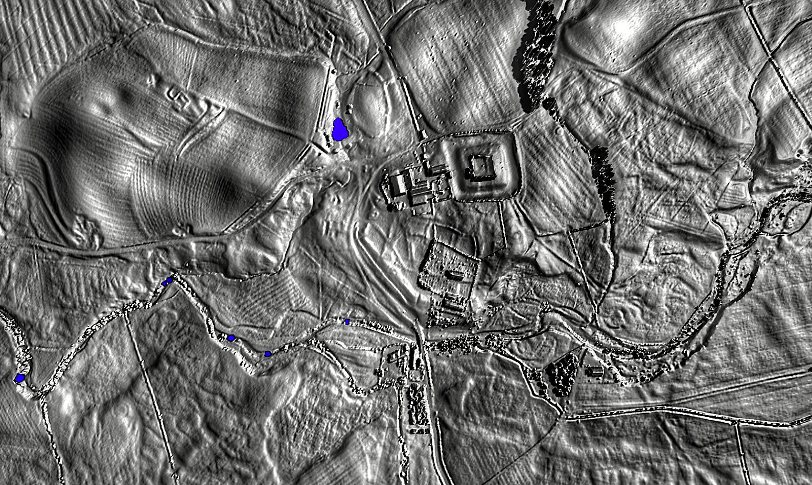 LiDAR image of a Roman fort and a deserted medieval village (Bewcastle, Cumbria)