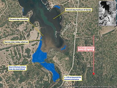 The harbour of Sanitja in Roman times: the sea reached about 170 m further south than the present shoreline