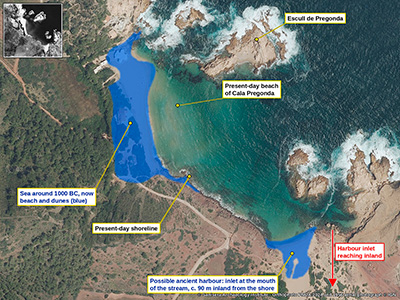 Cala Pregonda and the possible ancient harbour at the mouth of the stream, next to the early imperial site of s'Embarcador de s'Alairó