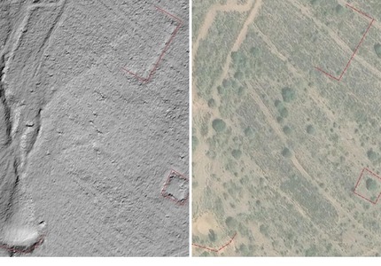LiDAR hillshade and orthophoto of the same area, with the archaeological anomalies outlined