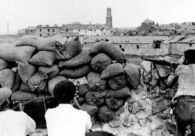 Sandbag parapet from the 1937 battle in Belchite