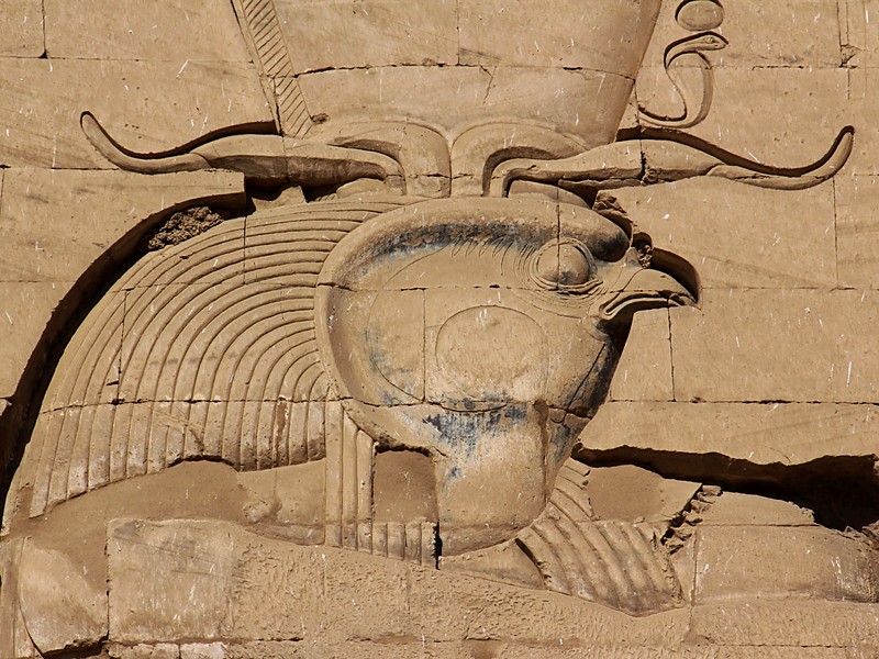 Head of the falcon god Horus wearing the double crown, relief on the pylon of the Temple of Horus at Edfu
