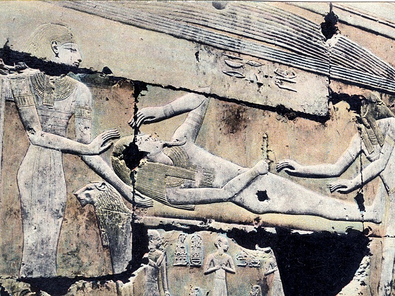 Isis as a kite hovering over Osiris on his bier, relief in the Temple of Seti I at Abydos