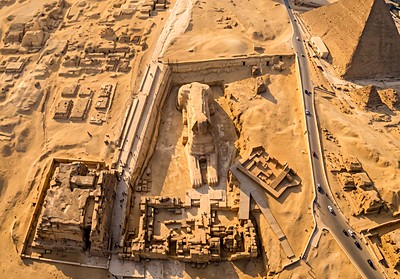 Aerial view of the Great Sphinx and the Giza plateau