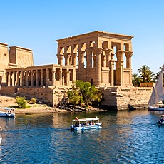 The Temple of Isis at Philae, with the Kiosk of Trajan, seen from the waters of the Nile at Aswan.
